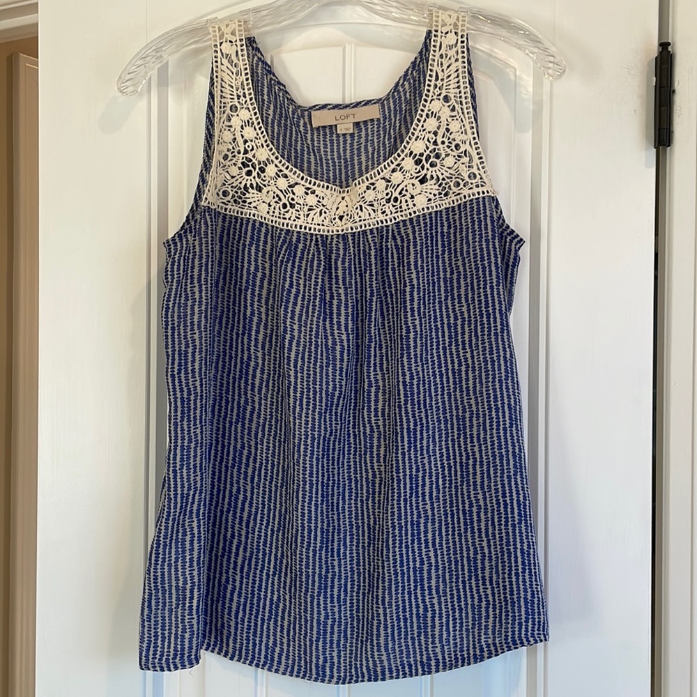 Loft blue tank top with embellished neck line size small